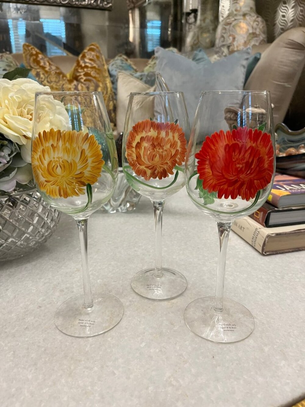 mums floral Hand Painted Wine Glasses set of 3